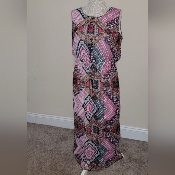 New EnFocus Studio Cinch Waist Maxi Dress Split Side Geometric Plus Size 16W - Picture 1 of 8